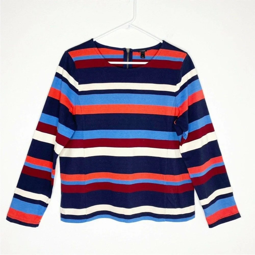 J Crew Stripe Color Block Shirt Scoop Neck Top Zipper Back